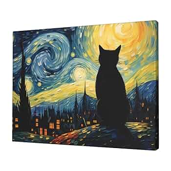 Amazon.co.jp: 星月夜 黒猫 ネコ柄 猫柄 アートポスター アート